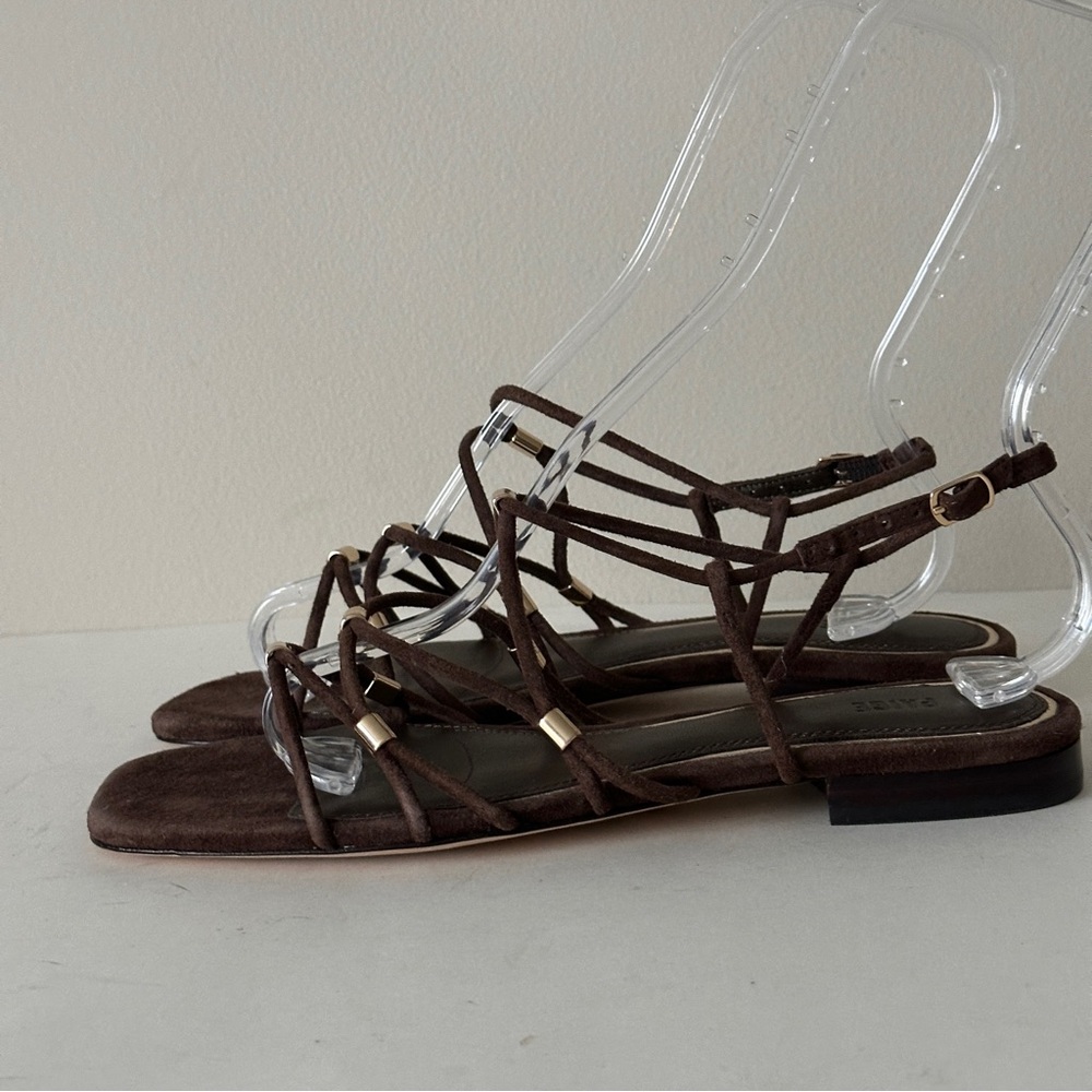 NEW PAIGE Aurora Strappy Chocolate Brown Suede Strappy Womens Flat Sandals, Sz 8